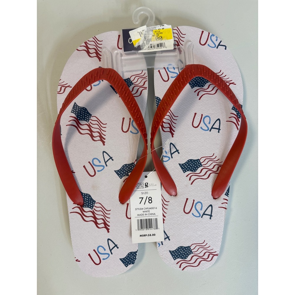 Chatties USA Flag Flip Flops Mens Size 7/8 White Red Blue Patriotic Sandals NEW